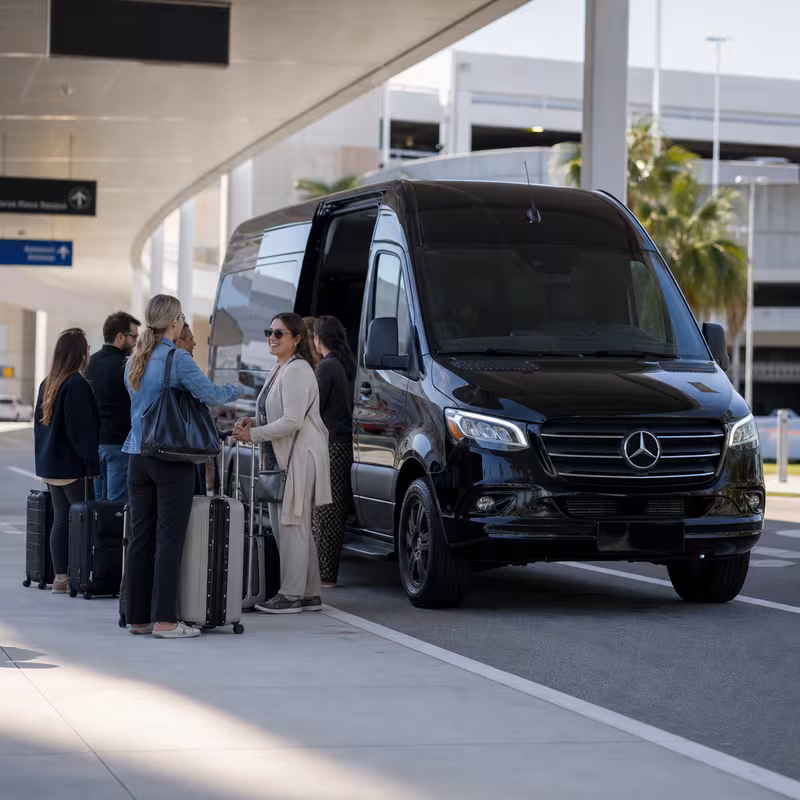 Group boarding a white charter bus for Airport Transportation transportation in Augusta