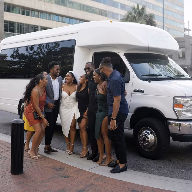 Black Mercedes Sprinter van staged for an Augusta Bachelor & Bachelorette Transportation group