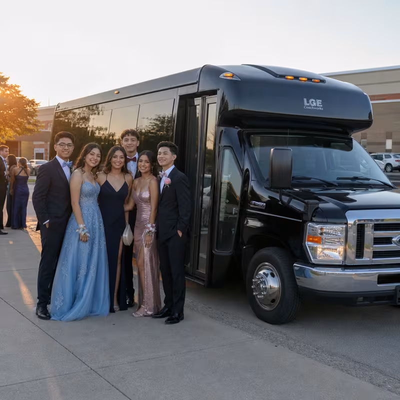 Group boarding a white charter bus for Prom & Homecoming Transportation transportation in Augusta