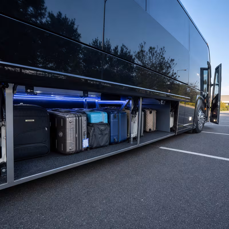 Party bus interior with wraparound leather seating and LED lighting in Augusta